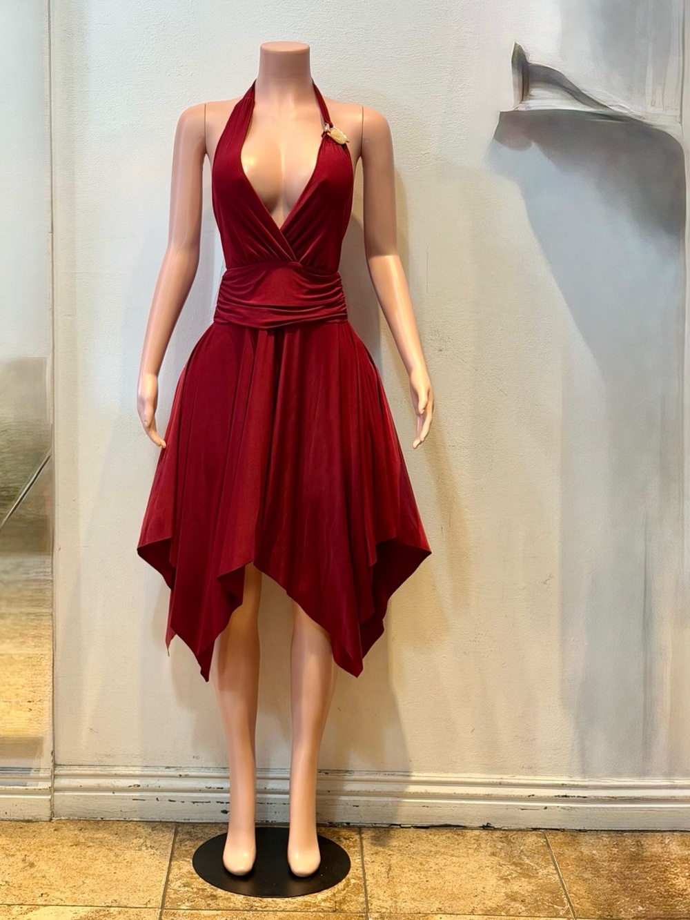 Halter Deep Burgundy Asymmetrical Handkerchief Hem Dress